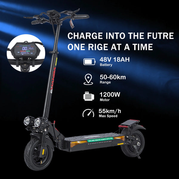 1200W Off Road Electric Scooter for Adults 48V Long Range E-Scooter 55KMH Fast Speed 10" Tubeless Tire Foldable Kick Scooter